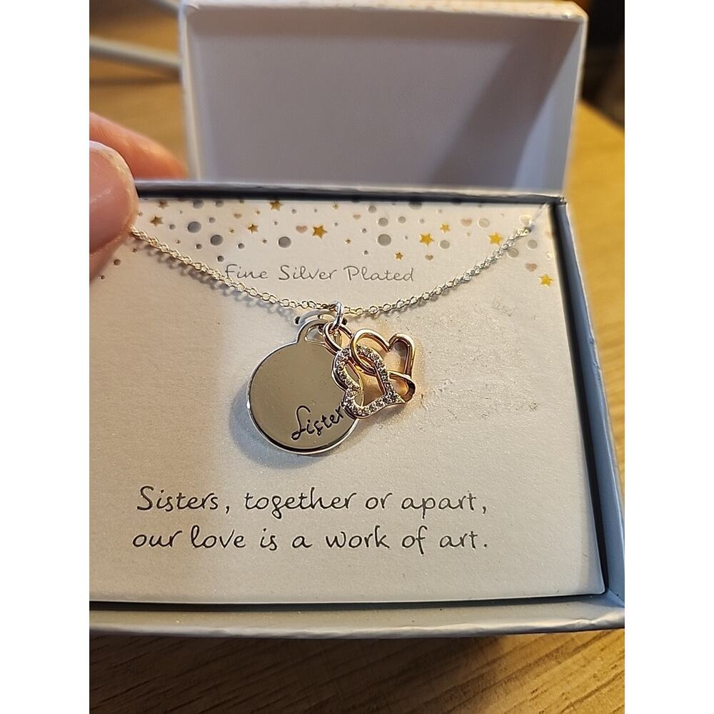 Sisters Together or Apart Silver Color Necklace Rose Gold Color Double Heart Pen